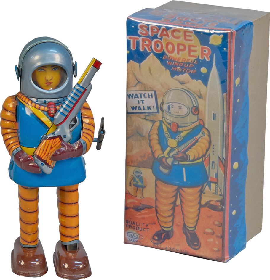 Space Trooper Walker: Space Trooper Walker, Made In Japan, litho. tin, wind-up - 7"h. Trooper is carrying a space rifle, in excellent condition w/ box Rare
