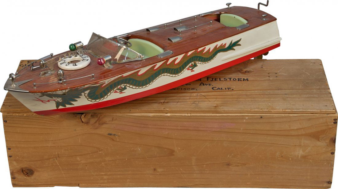 Vintage Wooden Speed Boat: Vintage Wooden Speed Boat, TMY, Japan, battery op. - 18"l. Painted red & white hull w/ green, gold & red dragon graphics, has 2 propellers, in very near mint condition w/ the original wood shipping cr