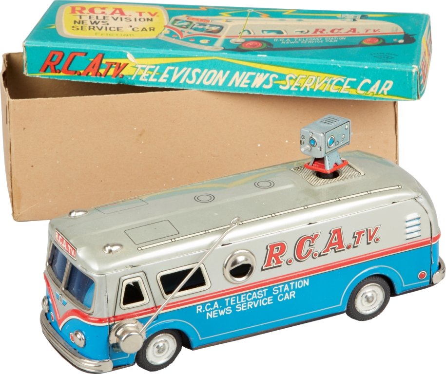 R.C.A.-T.V. Television News Service Car: R.C.A.-T.V. Television News Service Car, Made In Japan c1950s, litho. tin, friction - 8-1/2"l. T.V. camera mounted on roof which rotates while van is in motion, has adjustable antenna on drivers side