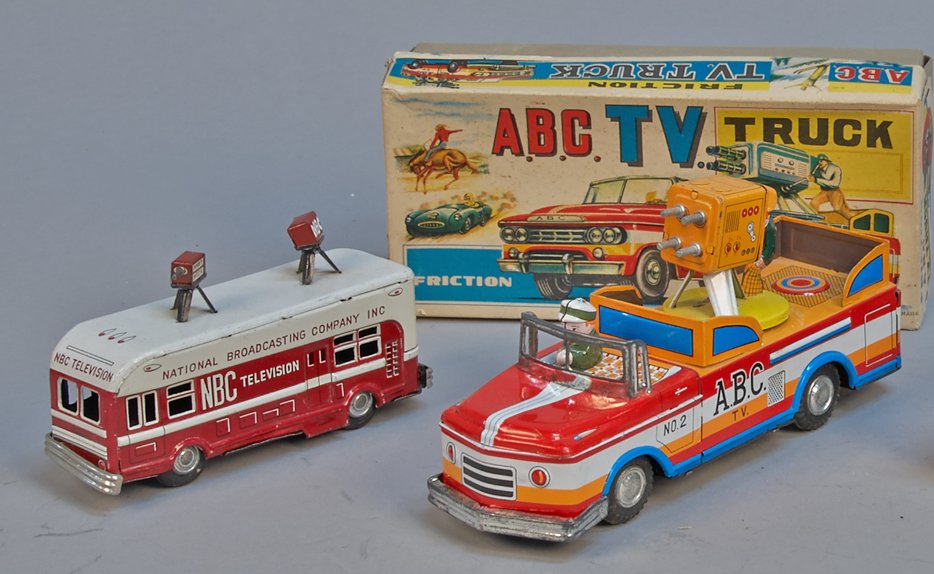 Lot of 2 - Vintage Made In Japan Toys:: Lot of 2 - Vintage Made in Japan Toys: 1 - NBC Television Bus, litho. tin, friction w/ the 2-little cameras on top - 8"l. & 1 - ABC TV Truck No. 2, litho. tin, friction, driver, camera-man & camera w/