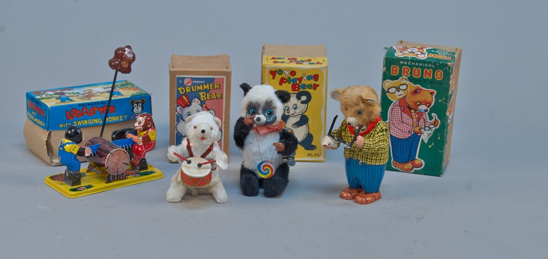 Lot of 4 - Vintage Made In Japan Bear Figure Toys:: Lot of 4 - Vintage Made in Japan Bear Figure Toys: 1 - Drummer Bear, tin, flock, wind-up - 5"h., 1 - YO-YO Playing Bear, tin, flock, wind-up - 6"h., 1 - Logcutter With Swinging Monkey, litho. tin, win