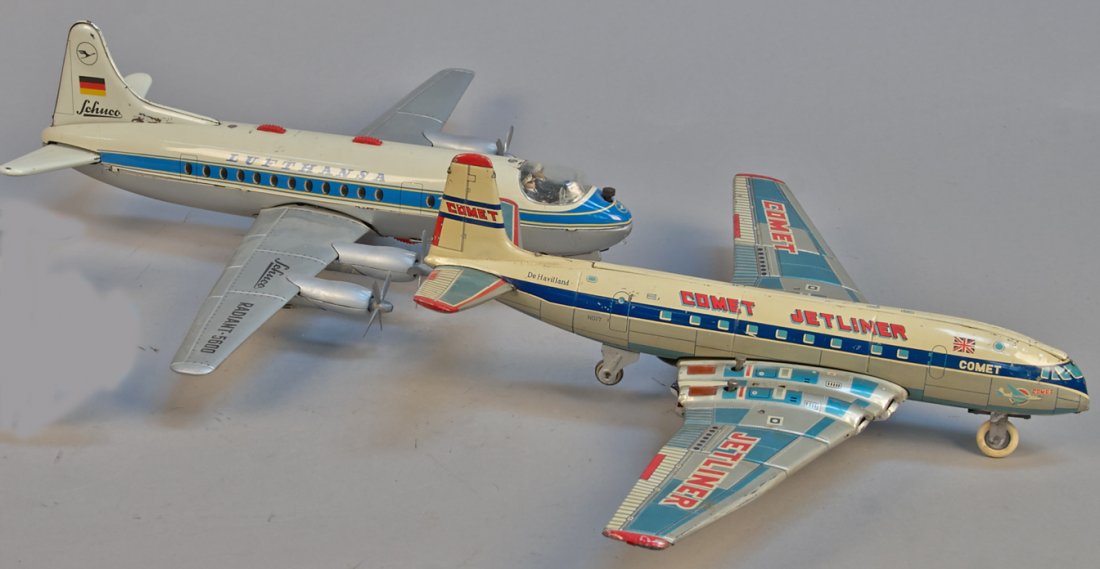 Lot of 2 - Vintage Misc. Airplane Litho. Tin Toys:: Lot of 2 - Vintage Misc. Airplane Litho. Tin Toys: 1 - Radiant-5600 Lufthansa Jet, Schuco, Western Germany, battery op. - 17"l. & 1 - Comet Jetliner No. 17, Made in Japan, friction - 15-1/2"l., both i