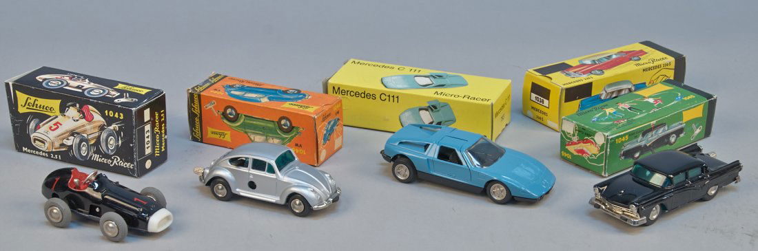 Lot Of 4 - Vintage Misc. Schuco Micro Racer Cars,: Lot Of 4 - Vintage Misc. Schuco Micro Racer Cars, Made In Western Germany, , wind-up: 1 - Mercedes 2.5L No. 1 - 1043, 1 - VW - 1046, 1 - Mercedes C111 - 793, 1 - Ford Custom 300 - 1045, all w/ O.B.'s,