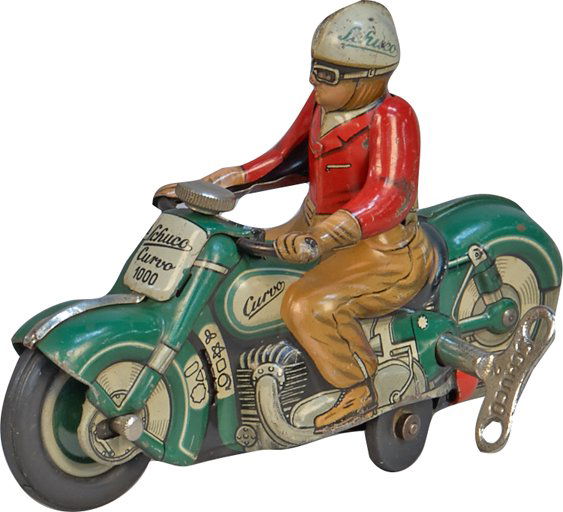 Schuco Curvo 1000 Motorcycle: Schuco Curvo 1000 Motorcycle (green), Made In US- Zone West Germany c1945-1952, litho. tin, wind-up - 5"l. Comes w/ original Schuco wind-key, in great condition, shows wear