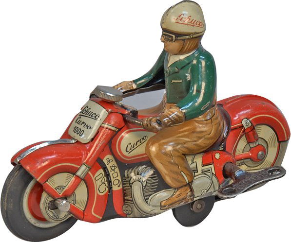 Schuco Curvo 1000 Motorcycle: Schuco Curvo 1000 Motorcycle (red), Made In US-Zone West Germany c1945-1952, litho. tin, wind-up - 5"l. Comes w/ original Schuco wind-key, in great condition, shows wear