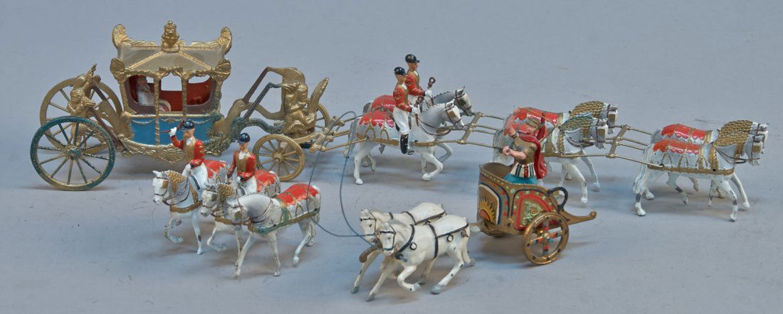 Lot Of 2 - Vintage Made In England Die-Cast Model Sets:: Lot Of 2 - Vintage Made In England Die-Cast Model Sets: 1 - Roman Chariot & Soldier w/ 2 horses - 6"l. & 1 - King & Queen figures riding in horse drawn carriage w/ horses - 20"l., each in great condit