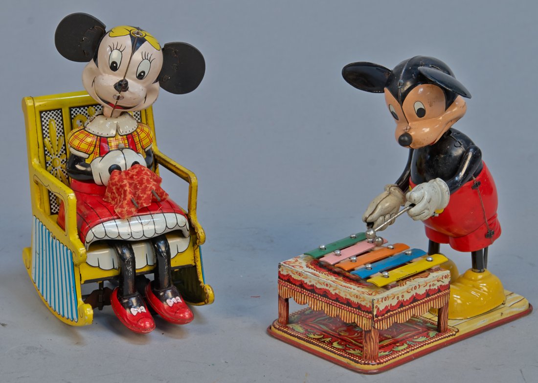 Lot of 2 - Vintage Made In Japan Walt Disney Toys:: Lot of 2 - Vintage Made in Japan Walt Disney Toys: 1 - Mechanical Minnie Mouse, c1950s, litho. tin, fabric, wind-up, Minnie Mouse sitting in rocking chair knitting - 7"h. & 1 - Mickey Mouse Xylophone