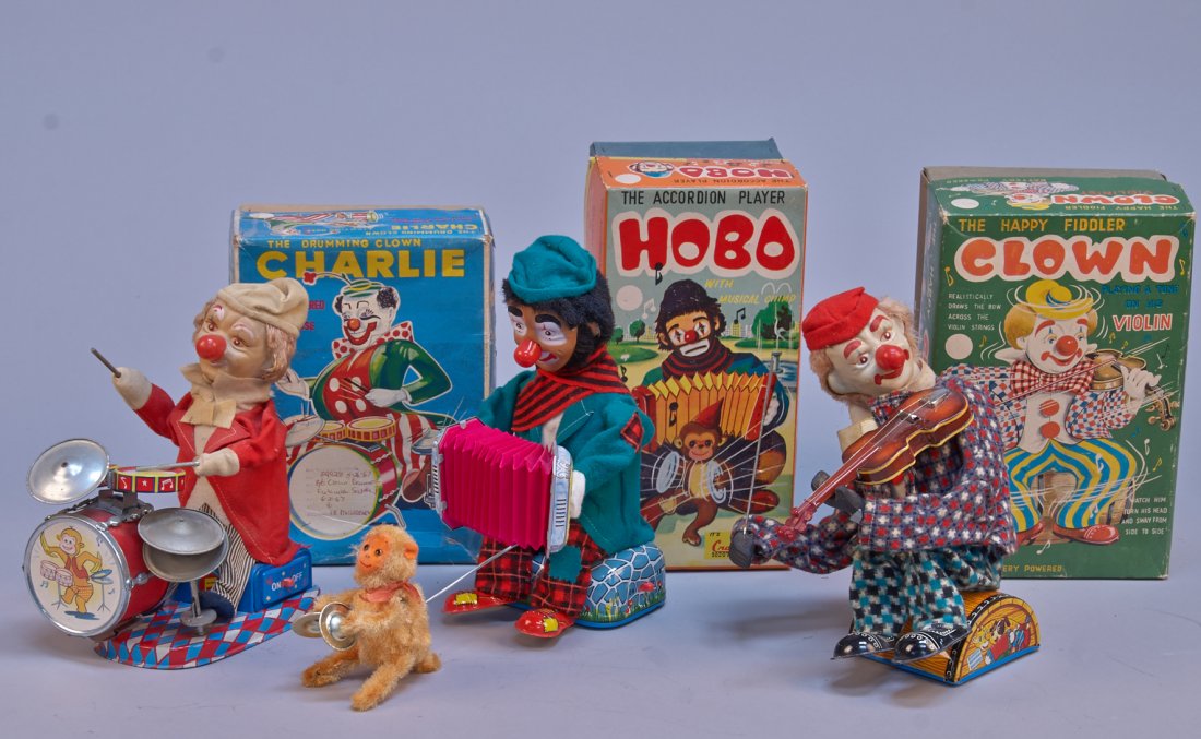 Lot of 3 - Vintage Made In Japan Instrument Player Toys: Lot of 3 - Vintage Made in Japan Instrument Player Toys: 1 - The Happy Fidler Clown, litho. tin, battery op. - 10"h., 1 - HOBO The Acordion Player, litho. tin, battery op. w/ musical chimp - 10"h. & 1