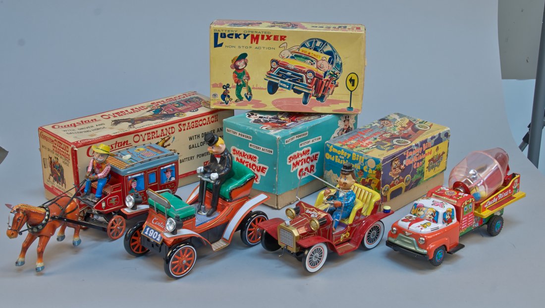 Lot of 4 - Vintage Misc. Made In Japan Toys:: Lot of 4 - Vintage Misc. Made in Japan Toys: 1 - Smokey Bill- On Old Fashioned Car, litho. tin, battery op., mystery action, smokes & light-up pipes - 7"h., 1 - Shaking Antique Car, litho. tin, batter