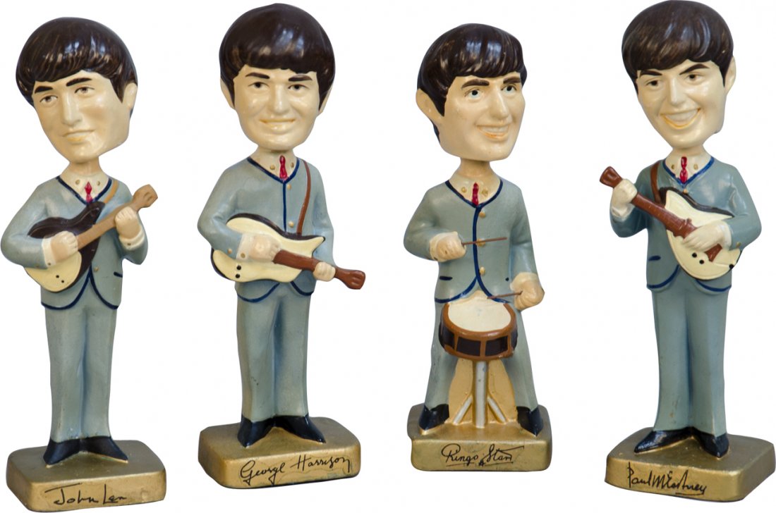 Set of 4 - The Beattles Bobble Head Set: Set of 4 - The Beattles Bobble Head Set, Made By Car Mascots, Inc., c1964, in excellent condition w/ 1- vintage black & white postcard, Glascow c1966