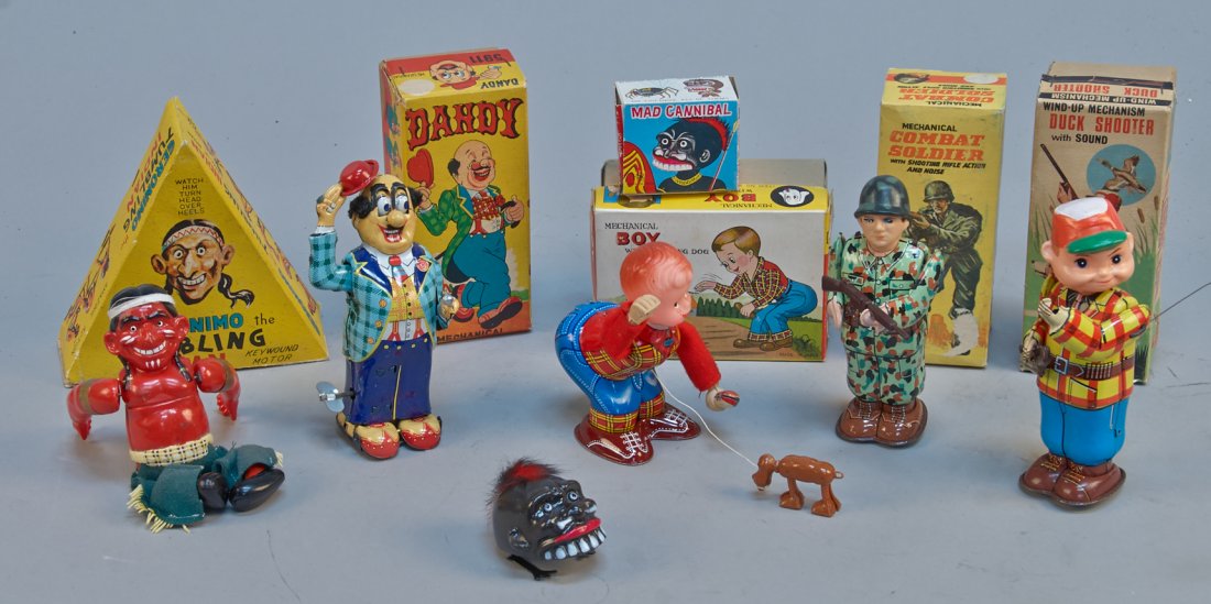 Lot of 6 - Vintage Misc. Made In Japan Wind-Up Toys:: Lot of 6 - Vintage Misc. Made in Japan Wind-Up Toys: 1 - Duck Shooter With Sound, litho. tin - 7"h., 1 - Dandy, litho. tin - 6"h., 1 - Geronimo The Tumbling Indian, litho. tin - 6"h., 1 - Mad Cannibal