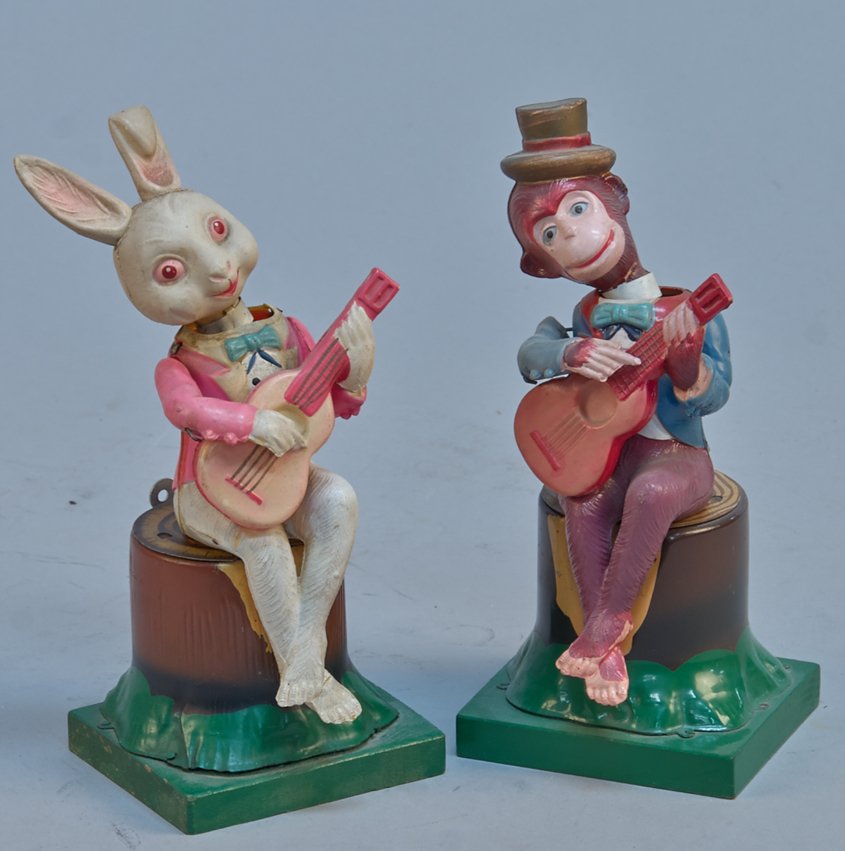 Lot Of 2 - Vintage Celluloid Animal Figures Playing Ins: Lot Of 2 - Vintage Celluloid Animal Figures Playing Instruments: Sambo' The Minstrel Man & Banjo Bunny, Made In Occupied Japan c1945-1952, celluloid, wind-up, both in excellent condition - 8"h. each