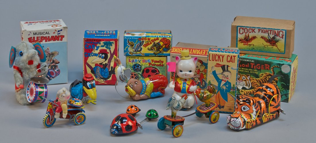 Lot Of 8 - Vintage Misc. Litho. Tin/Celluloid Wind-Up T: Lot Of 8 - Vintage Misc. Litho. Tin/Celluloid Wind-Up Toys Including: Cock Fighting, Lucky Cat, Lady Bug Family Parade, Etc., - approx. 6"l. each, all in great condition w/ O.B.'s
