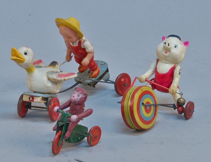 Lot Of 3 - Vintage Misc. Made In Japan Wind-Up Toys: Lot Of 3 - Vintage Misc. Made In Japan Wind-Up Toys, c1945-1952: 1 - Monkey Cycle, tin, celluloid - 3"h., 1 - Pig rolling colored wheel, litho. tin, celluloid - 4-1/2"h. & 1 - little farm boy w/ duck,