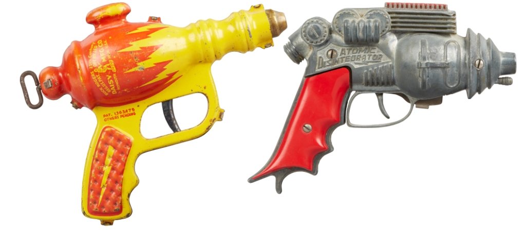 Lot of 2 - Vintage Buck Rogers Toy Guns:: Lot of 2 - Vintage Buck Rogers Toy Guns: 1- Liquid Helium Water Pistol, Daisy MFG., USA c1936, tin, in great condition, shows wear - 8"l. & 1 - Atomic Pistol, Daisy MFG., USA, c1940s, pressed steel, i