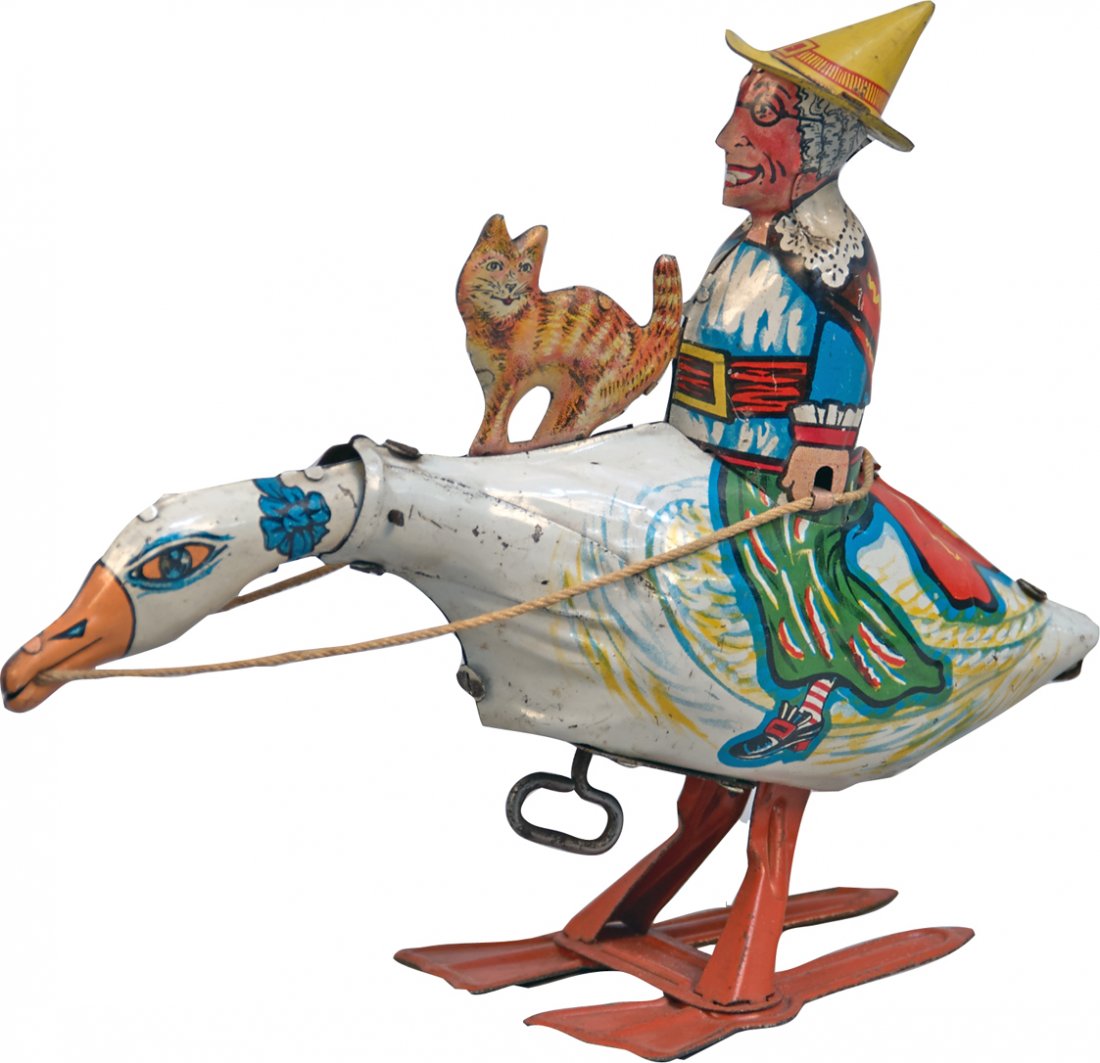 Pecking Goose w/ Witch and Cat: Pecking Goose w/ Witch and Cat, Unique Art, c1930s, litho. tin, wind-up - 8-1/2" x 7"h. The goose wobbles along bobbing its head up & down trying to shake off the witch & cat, In excellent condition, 