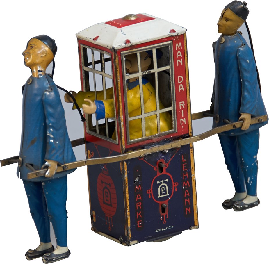 Man Da Rin No. 565: Man Da Rin No. 565, Lehmann, Germany, c1905-1941, litho. tin, wind-up - 5-1/2" x 8-1/2"h. 2 Coolies carrying Chinese man in sedan chair, in excellent condition, some repairs, RARE