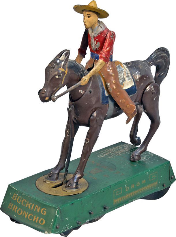 Bucking Bronco No. 625: Bucking Bronco No. 625, Lehmann, Germany, c1909-1945, painted tin, wind-up - 7-1/2" x 7-3/8"h. This model has the brown horse, in great condition, shows wear, some chips, works