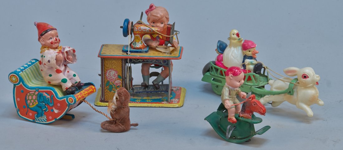 Lot Of 4 - Vintage Misc. Mechanical Toys:: Lot Of 4 - Vintage Misc. Mechanical Toys: 1 - Easter On Parade, Made In Occupided Japan c1945-1952, tin, celluloid, wind-up - 8"l., 1 - pig on rocking horse, Made In Japan, tin, celluloid, wind-up - 4