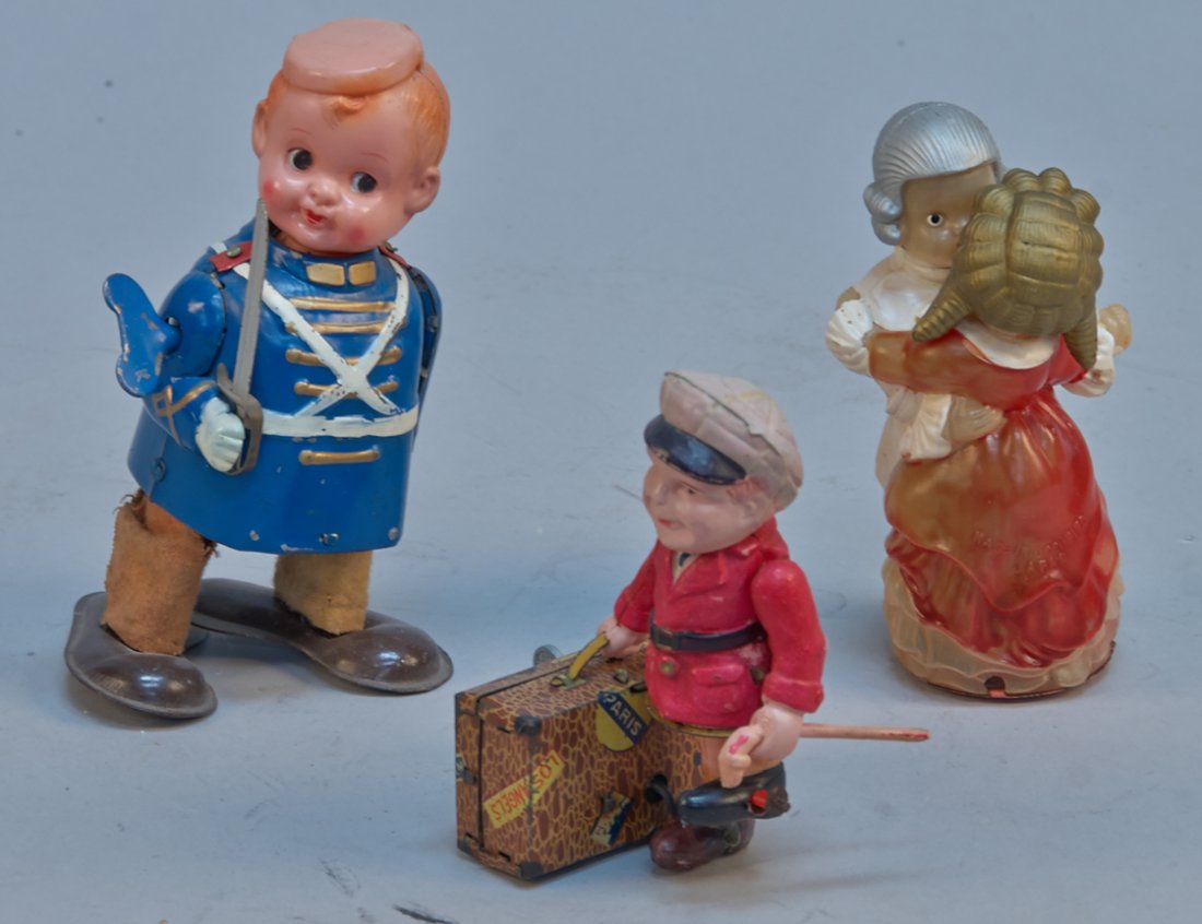 Lot Of 3 - Vintage Misc. Wind-Up Toys:: Lot Of 3 - Vintage Misc. Wind-Up Toys: 1 - traveling man w/ suitcase & cane, Made In Tokyo, Japan, tin, celluloid - 4"h., 1 - dancing couple, Made In Occupied Japan c1945-1952, celluloid - 5"h. & 1 - 
