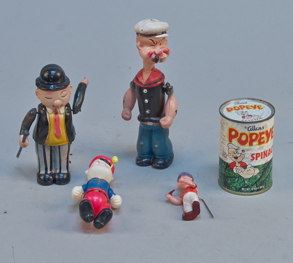Lot of 5 - Vintage Assorted Popeye Items, Including: Lot of 5 - Vintage Assorted Popeye Items, Including: Popeye Spinach 14oz. un-opened can, Whimpy, Made in Japan, c1940s, celluloid, wind-up - 7"h., Etc., all in very good condition