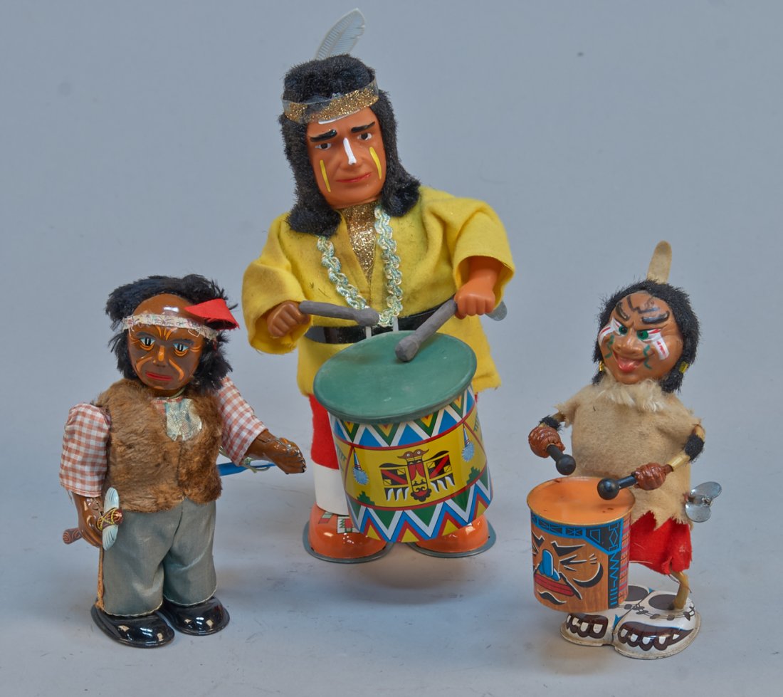 Lot of 3 - Vintage Wind-Up Indian Figure Toys:: Lot of 3 - Vintage Wind-Up Indian Figure Toys: 1- Crazy drummer, Louis Marx, Japan, c1950s, litho. tin - 7"h., 1 - Drummer, Japan, litho. tin, felt & rubber drum top - 10"h. & 1- Figure has tomahawk i
