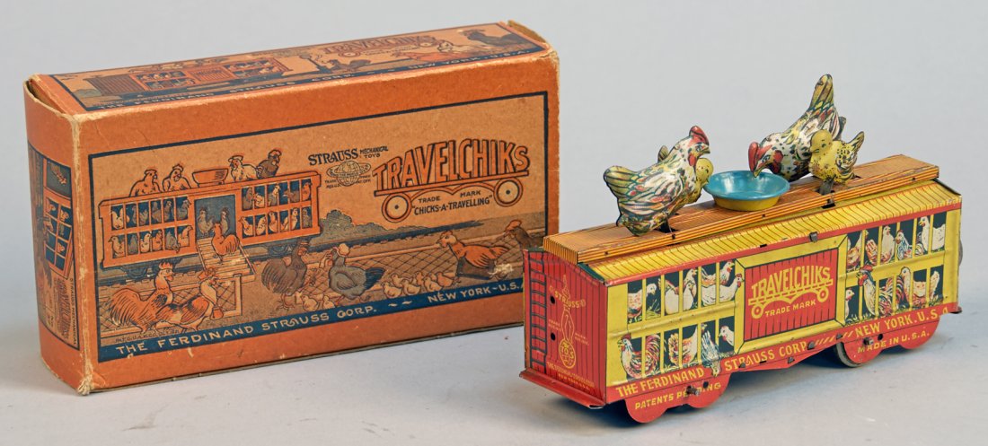 Travelchiks Train Car: Travelchiks Train Car, Strauss, USA, c1921, litho. tin, wind-up - 5" x 8"l. "Chicks-A-Traveling", chicks move up & down while pecking at food bowl, in great condition, works w/ O.B.
