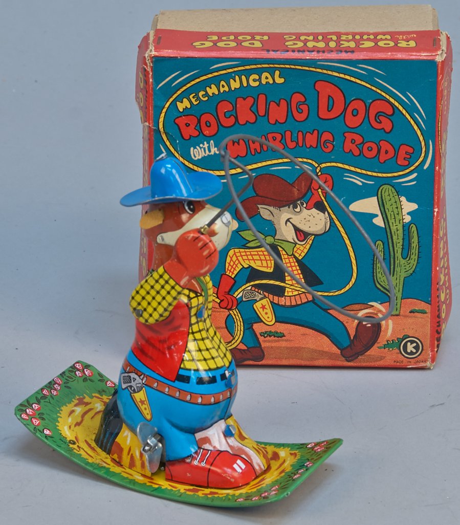 Rocking Dog w/ Whirling Rope: Rocking Dog w/ Whirling Rope, Made in Japan, litho. tin, wind-up - 6"h. In great condition w/ O.B.