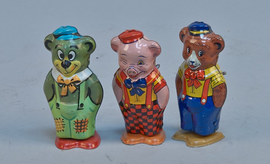 Lot Of 3 - Vintage J. Chein, USA Litho. Tin Wind-Up Ani: Lot Of 3 - Vintage J. Chein, USA Litho. Tin Wind-Up Animal Walker Toys c1930s-1940s: 2- bears & 1- pig, all in great condition - 4-1/2"h. each
