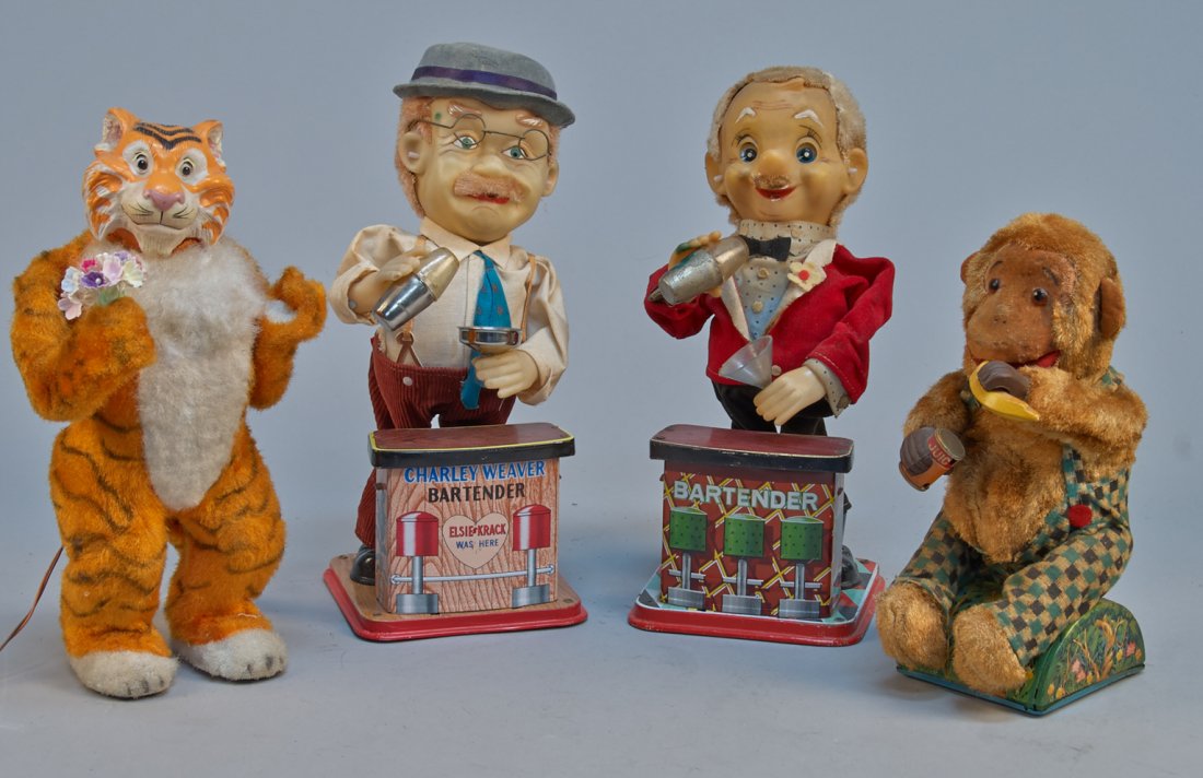 Lot Of 4 - Vintage Misc. Made In Japan Battery Op. Toys: Lot Of 4 Vintage Misc. Made in Japan Battery Op. Toys: 1- Charley Weaver Bartender, litho. tin, fabric - 12"h., 1- Bartender, litho. tin, fabric - 12"h., 1 - tiger w/ flowers, tin, flock w/ wired-remo