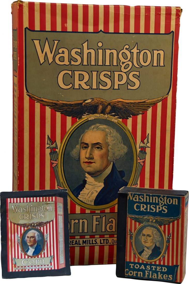 Lot of 3 Washington Crisps Corn Flakes Items:: Lot of 3 Washington Crisps Corn Flakes Items: 1- Large oversized cardboard cereal box - 19" x 8" x 31"h, 1- Toasted corn flakes cardboard cereal box - 8" x 3" x 10"h & 1- Corn cardboard sign - 8" x 10
