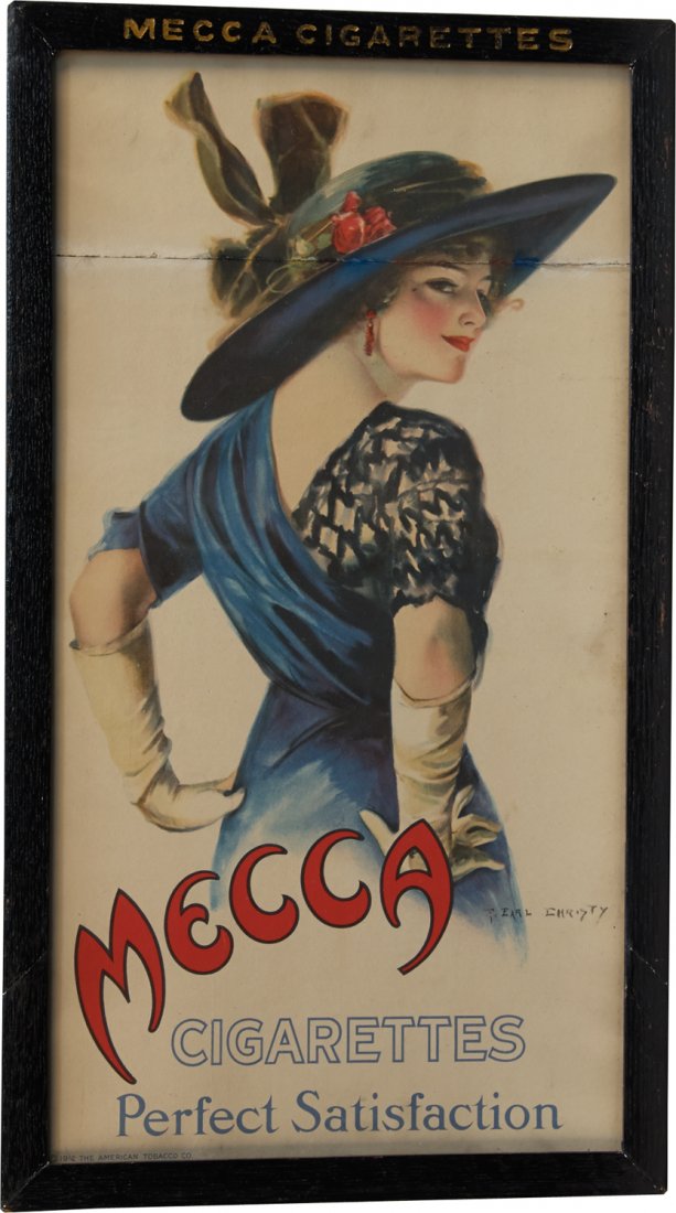 F. Earl Christy Mecca Cigarettes Paper Advertisement Si: F. Earl Christy Mecca Cigarettes Paper Advertisement Sign, in Original Mecca Cigarettes Frame, "Perfect Satisfaction" featuring pretty lady in hat, Copyright 1912, The American Tobacco Co. - 11" x 20"