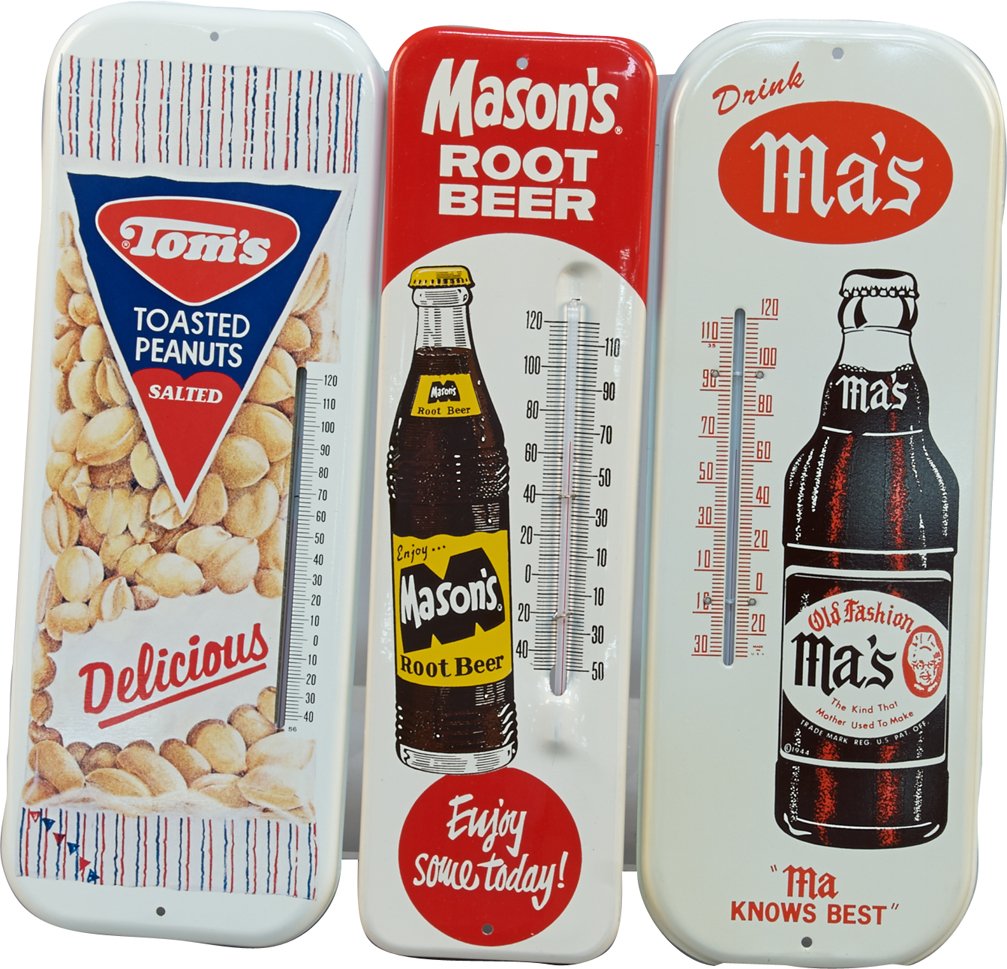 Lot of 3 Tin Wall Mount Advertisement Thermometer Signs: Lot of 3 Tin Wall Mount Advertisement Thermometer Signs: 1- Mason's Root Beer "Enjoy Some Today!" w/ O.B., N.O.S., Donasco 68-116 - 4.5" x 16", 1- Tom's Toasted Peanuts "Delicious" w/ O.B., N.O.S. - 6