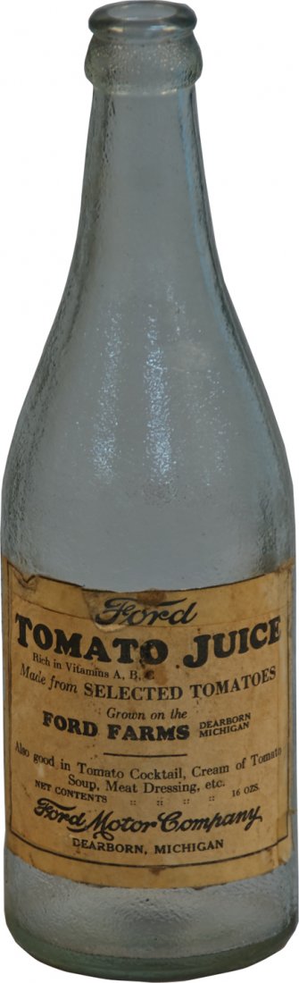 Ford Tomato Juice Frosted Glass Bottle w/ Original Pape: Ford Tomato Juice Frosted Glass Bottle w/ Original Paper Label, "Made From Selected Tomatoes Grown On The Ford Farms", Ford Motor Company, Dearborn, Michigan, Rare