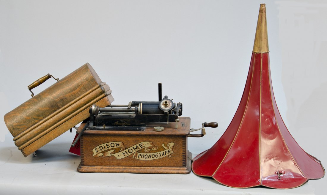 Edison Home Phonograph Cylinder Machine "Suitcase Model: Edison Home Phonograph Cylinder Machine "Suitcase Model" in Wood Travel Case w/ Large Red Horn. Case has handle & lid, Pat. 1896-1906 Thomas A. Edison et. als., Orange, N.J., Serial No. 239078