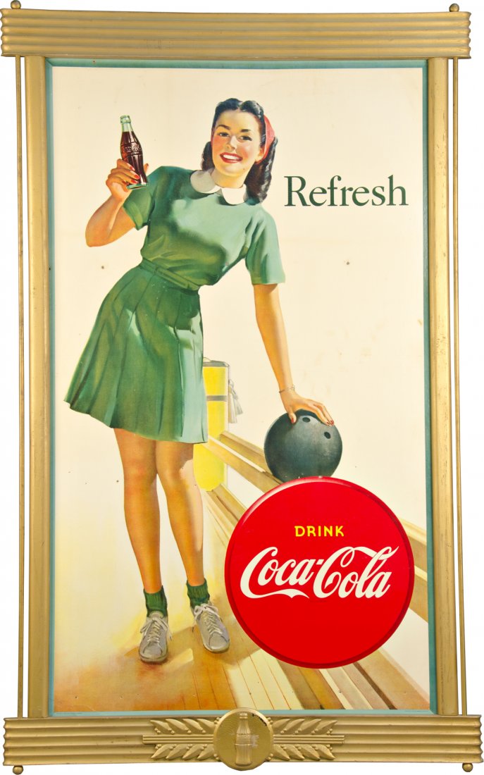 Vintage Drink Coca-Cola "Refresh" Advertisement Sign In: Vintage Drink Coca-Cola "Refresh" Advertisement Sign In Gold-Painted Deco Coca-Cola Wood and Metal Frame, Featuring bowling girl w/ bottle, Copyright 1946 The Coca-Cola Company, Litho. in U.S.A. by Ni