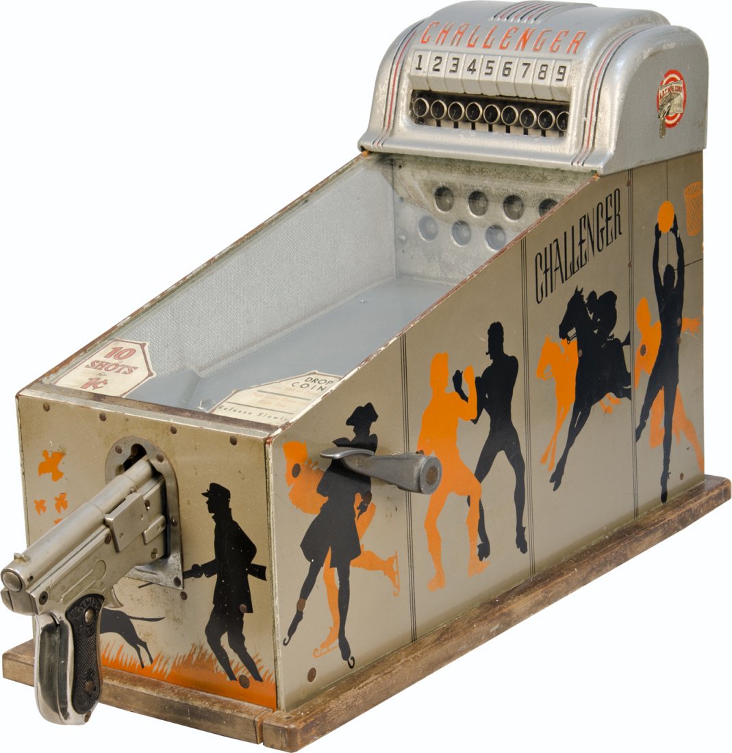 1 Cent A.B.T. MFG. "Challenger" Countertop Gun Shooter: 1 Cent A.B.T. MFG. "Challenger" Countertop Gun Shooter Arcade Game, "10 Shots for 1 Cent" c1930s-40s w/ keys