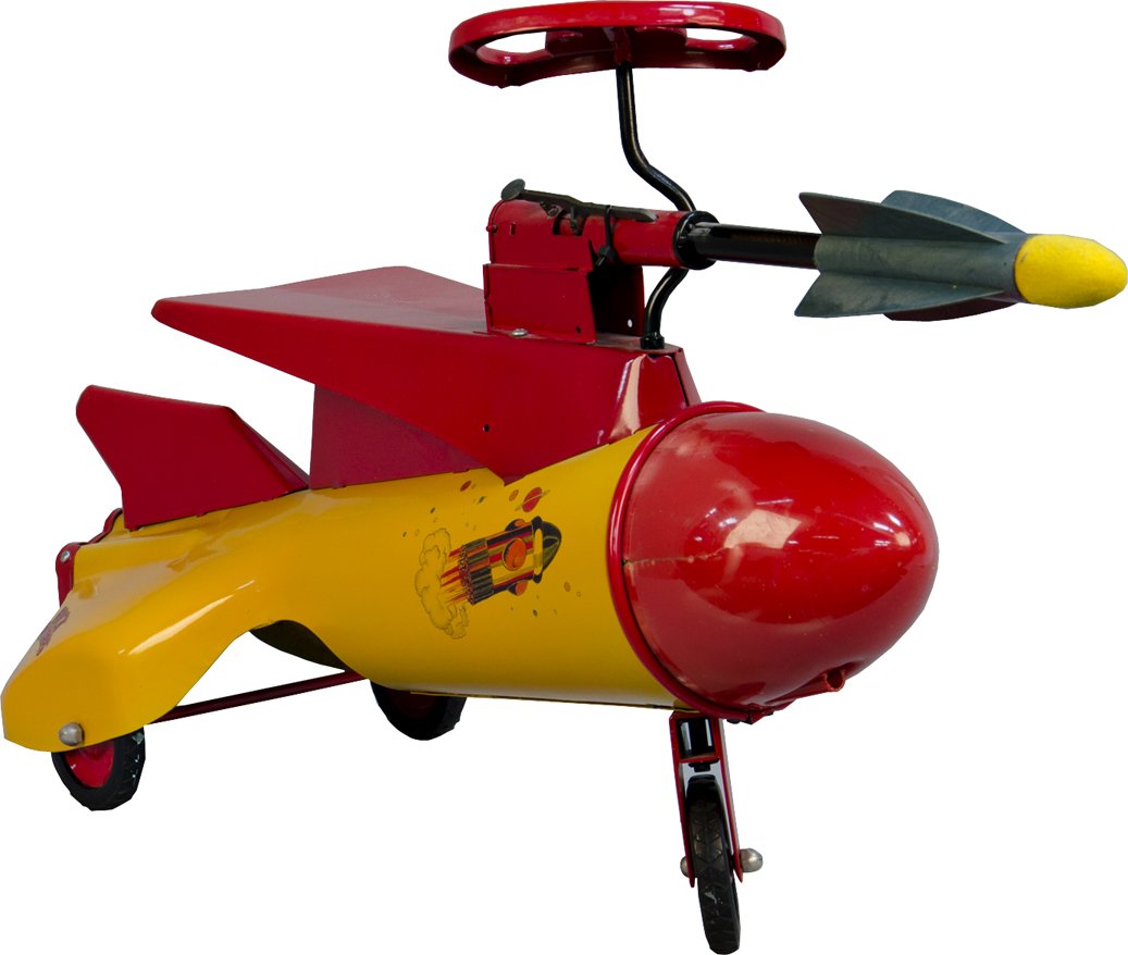 Buck Rogers Ride On Push Child's Rocket Ship: Buck Rogers Ride On Push Child's Rocket Ship Very rare model. Restored Buck Rogers themed space ship in yellow and red. Includes missile launcher and missile. Unrestored nose cone. 29" long by 17" tal