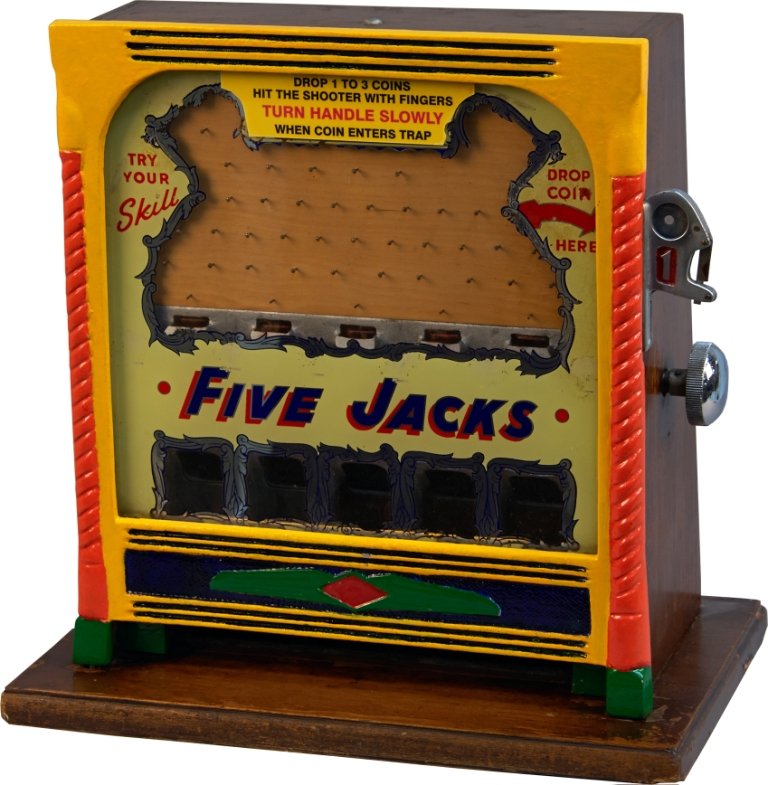1 Cent Five Jacks Penny Drop Pin Field Countertop Trade: 1 Cent Five Jacks Penny Drop Pin Field Countertop Trade Stimulator, Restored in bright colors w/ wood base