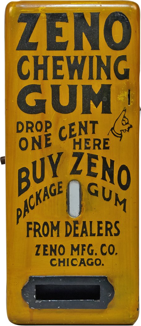 1 Cent Zeno Chewing Gum Yellow Wall Mount Vending: 1 Cent Zeno Chewing Gum Yellow Wall Mount Vending Machine, "Buy Zeno Package Gum From Dealers" embossed, Zeno MFG. Co. Chicago c1908, Black lettering on sides and front, Porcelain case w/ clockwork me