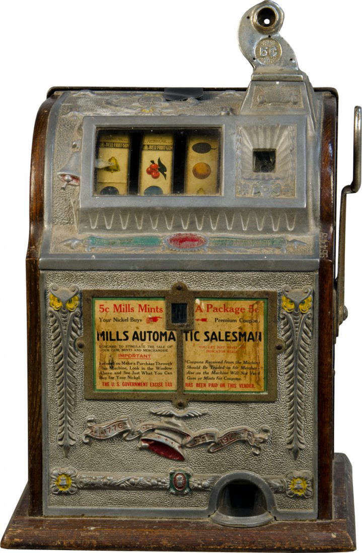 5 Cent Mills Novelty Counter O.K. Gooseneck Bell Slot M: 5 Cent Mills Novelty Counter O.K. Gooseneck Bell Slot Machine w/ Mills Automatic Salesman Mint Coupon sign, Original condition c1922
