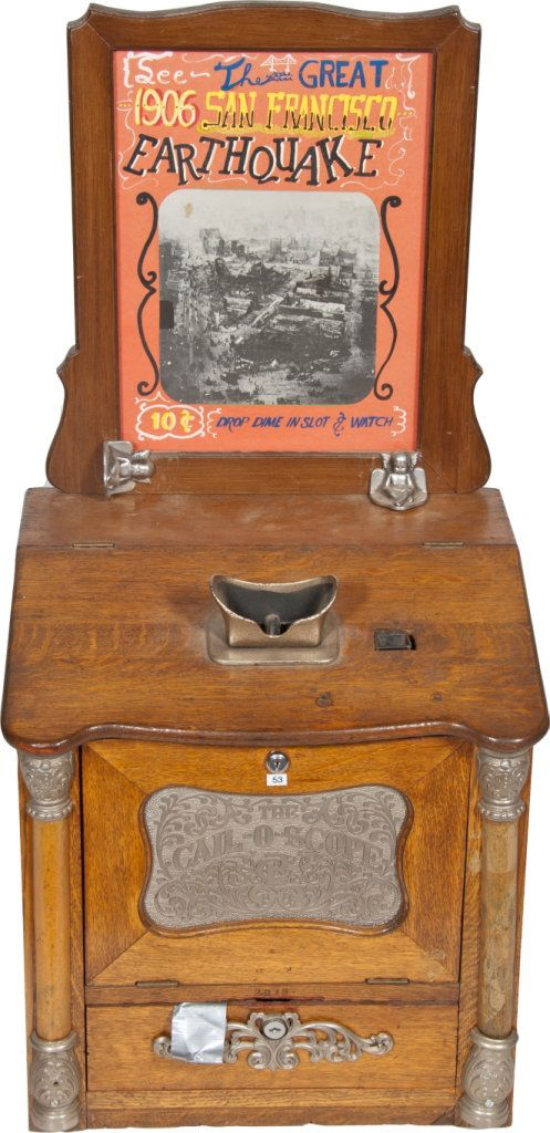 10 Cent Caille Bros. "Cail-O-Scope" Viewer Arcade: 10 Cent Caille Bros. "Cail-O-Scope" Viewer Arcade Machine w/ "See The Great 1906 San Francisco Earthquake" top sign, No. 2013