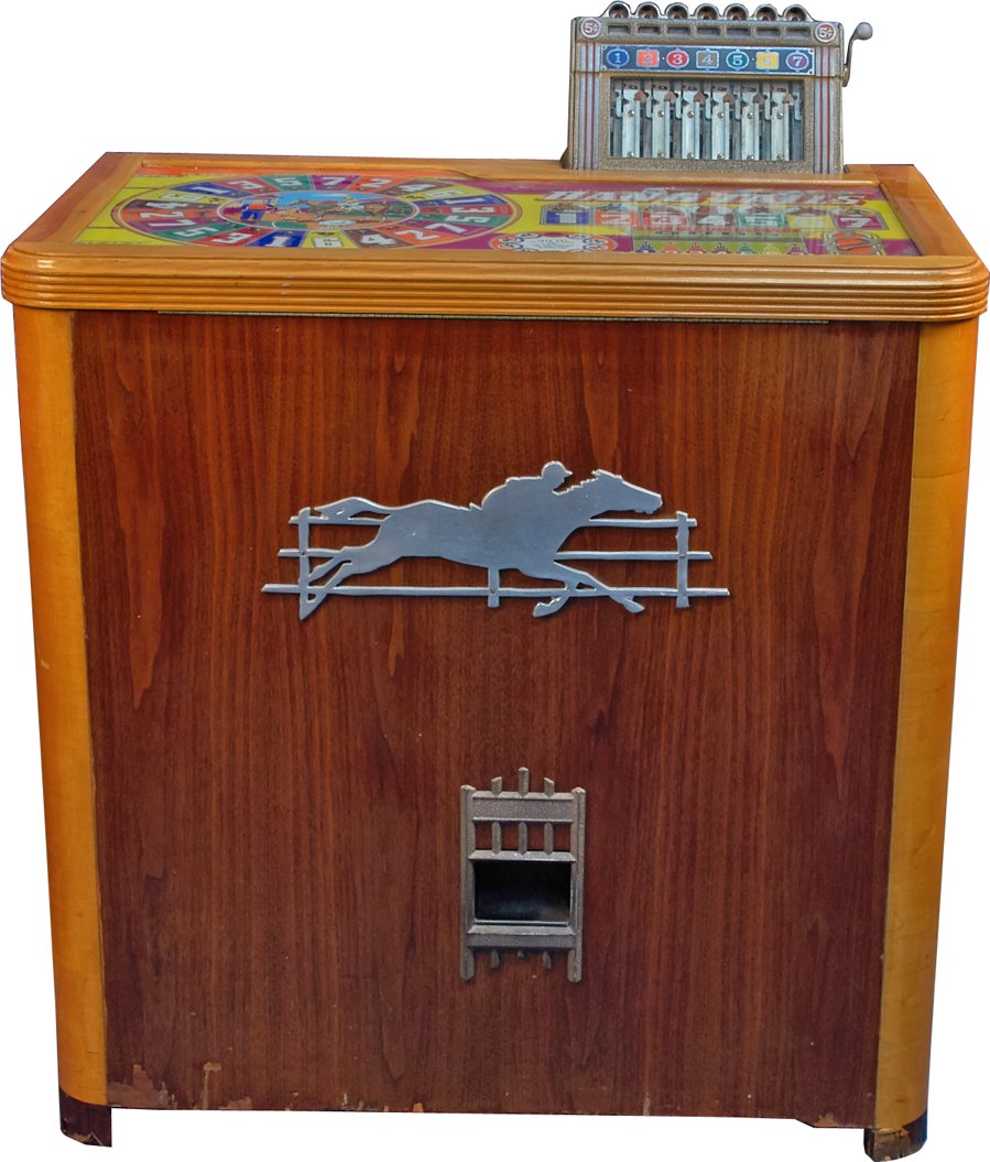 5 Cent H.C. Evans "Bang Tails" Horse Race Floor Console: 5 Cent H.C. Evans "Bang Tails" Horse Race Floor Console Slot Machine c1938 H.C. Evans & Co. Chicago, Set on free play, Can be converted to coin-op, Good condition
