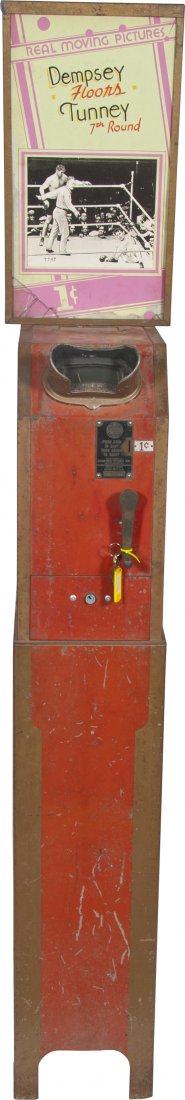 1 Cent International Mutoscope Corp. Floor Mutoscope: 1 Cent International Mutoscope Corp. Floor Mutoscope Viewer Arcade Machine w/ Reel Moving Pictures "Dempsey Floors Tunney 7th Round" top sign (missing glass), Model 5, FMF 26, Tin cabinet w/ keys
