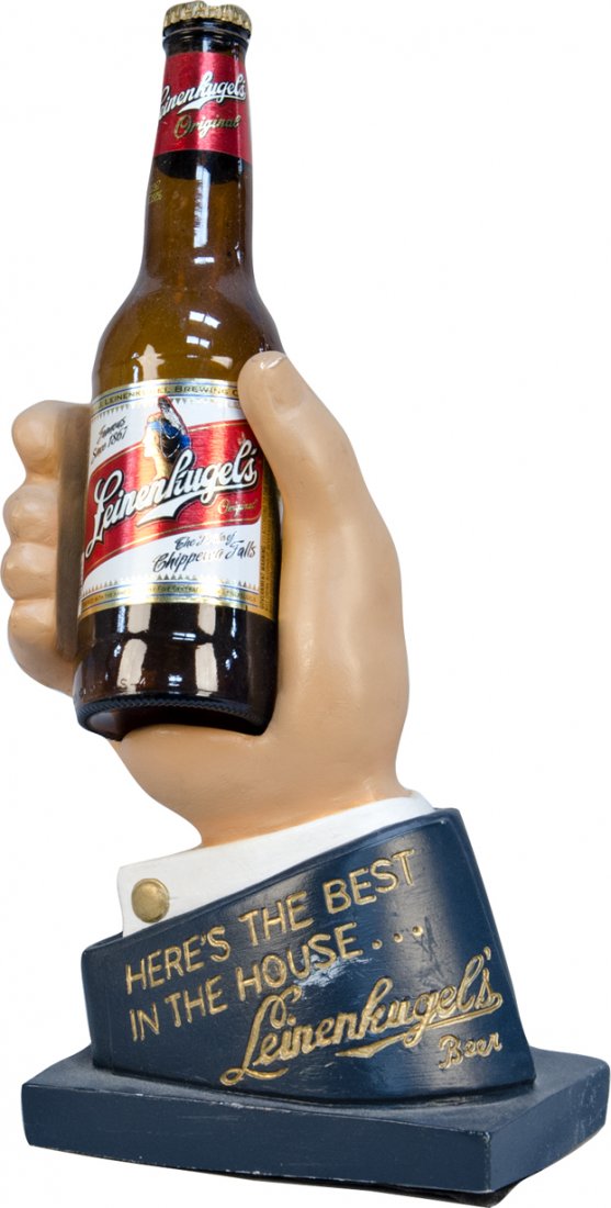 Leinenkugel Beer Figural Hand Advertisement Countertop: Leinenkugel Beer Figural Hand Advertisement Countertop Display w/ Bottle, "Here's the Best in the House..." by Jacob Leinenkugel Brewing Company, Chippewa Falls, Wisconsin copyright 1940 - 13"h