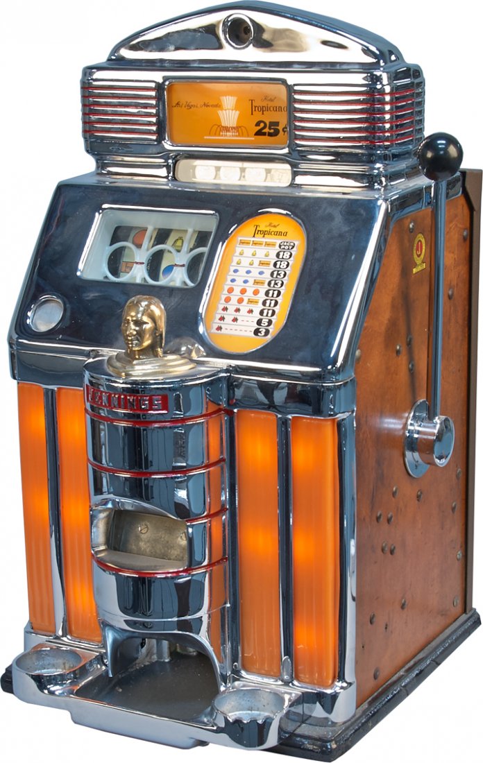 25 Cent O.D. Jennings Sun Chief Tropicana Casino Light-: 25 Cent O.D. Jennings Sun Chief Tropicana Casino Light-Up Slot Machine w/ front double trays (one ashtray) c1950, New chrome w/ cashbox & keys