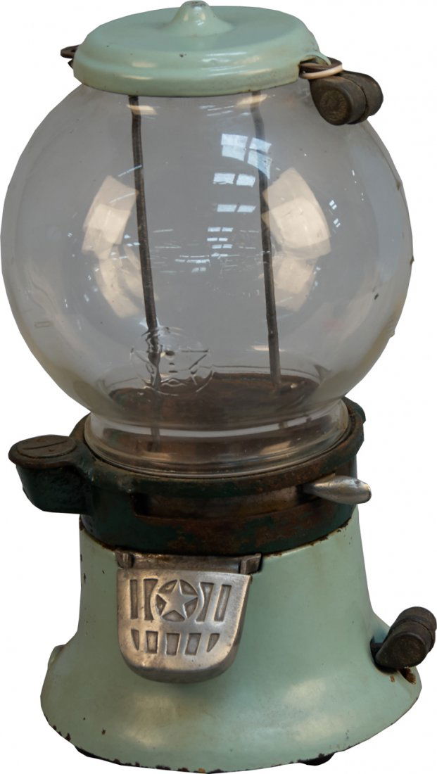 1 Cent Columbus Model M Countertop Green Cast-Iron Gumb: 1 Cent Columbus Model M Countertop Green Cast-Iron Gumball Vending Machine c1930s w/ barrel locks and key