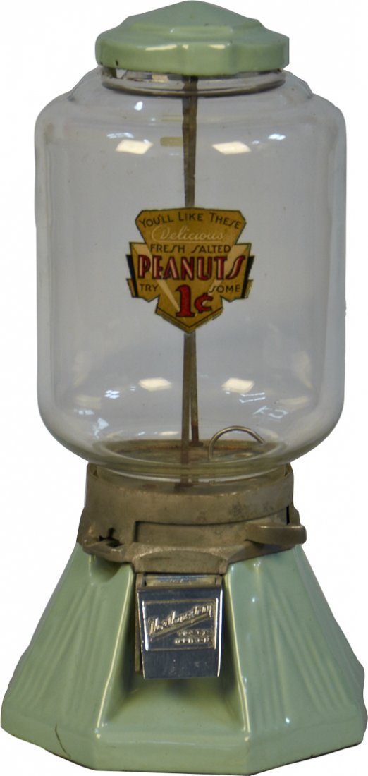 1 Cent Northwestern Mint Green Cast-Iron Base Peanut Ve: 1 Cent Northwestern Mint Green Cast-Iron Base Peanut Vending Machine by Northwestern, Morris Illinois, "You'll Like These Delicious Fresh Salted Peanuts Try Some" - w/ keys
