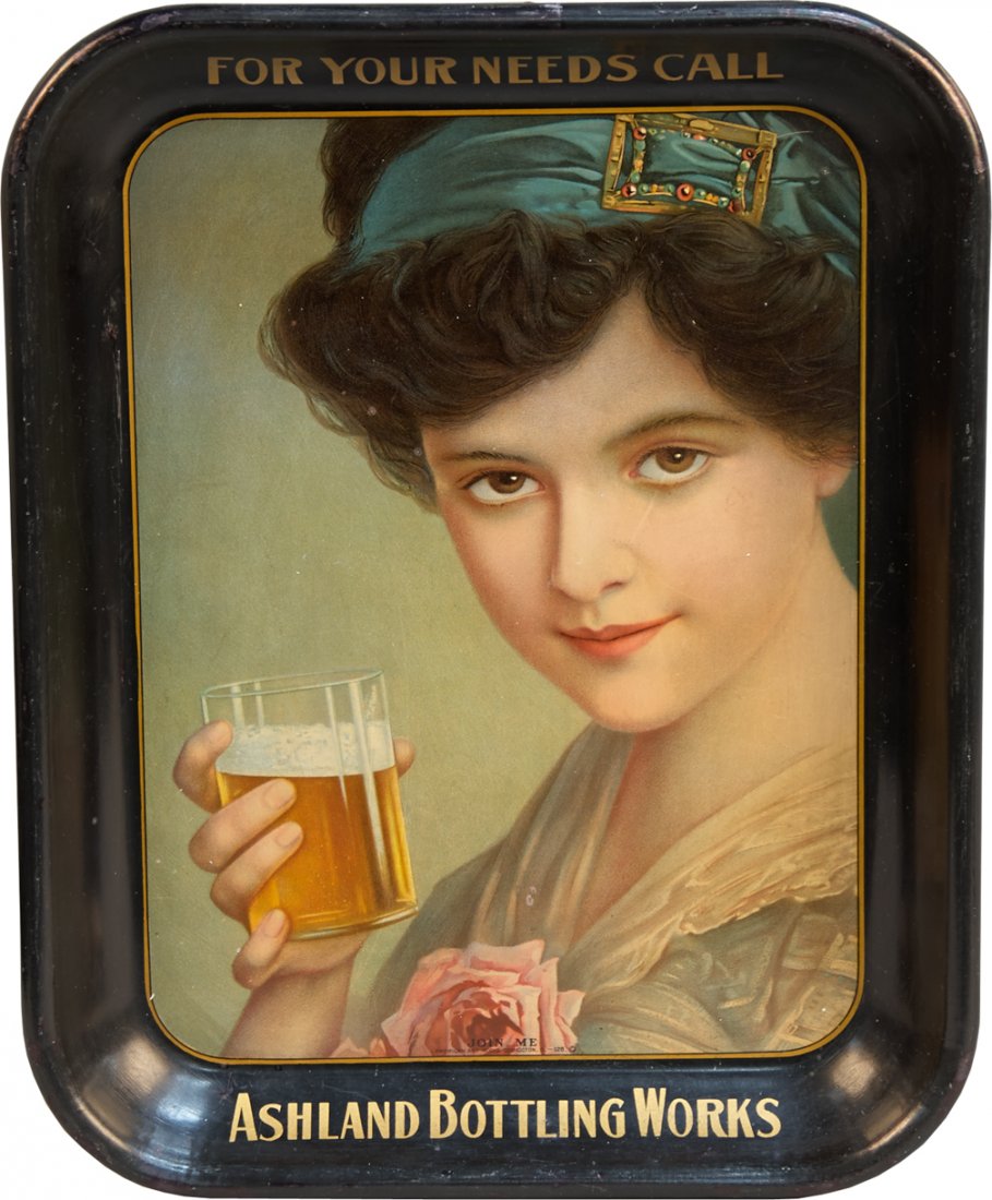 "For Your Needs Call...Ashland Bottling Works" Tin Adve: For Your Needs Call...Ashland Bottling Works Tin Advertisement Serving Tray, featuring pretty lady w/ drink, "Join Me", By American Art Works Coshocton, O. - 128 w/ magnetic hanger - 10" x 13"