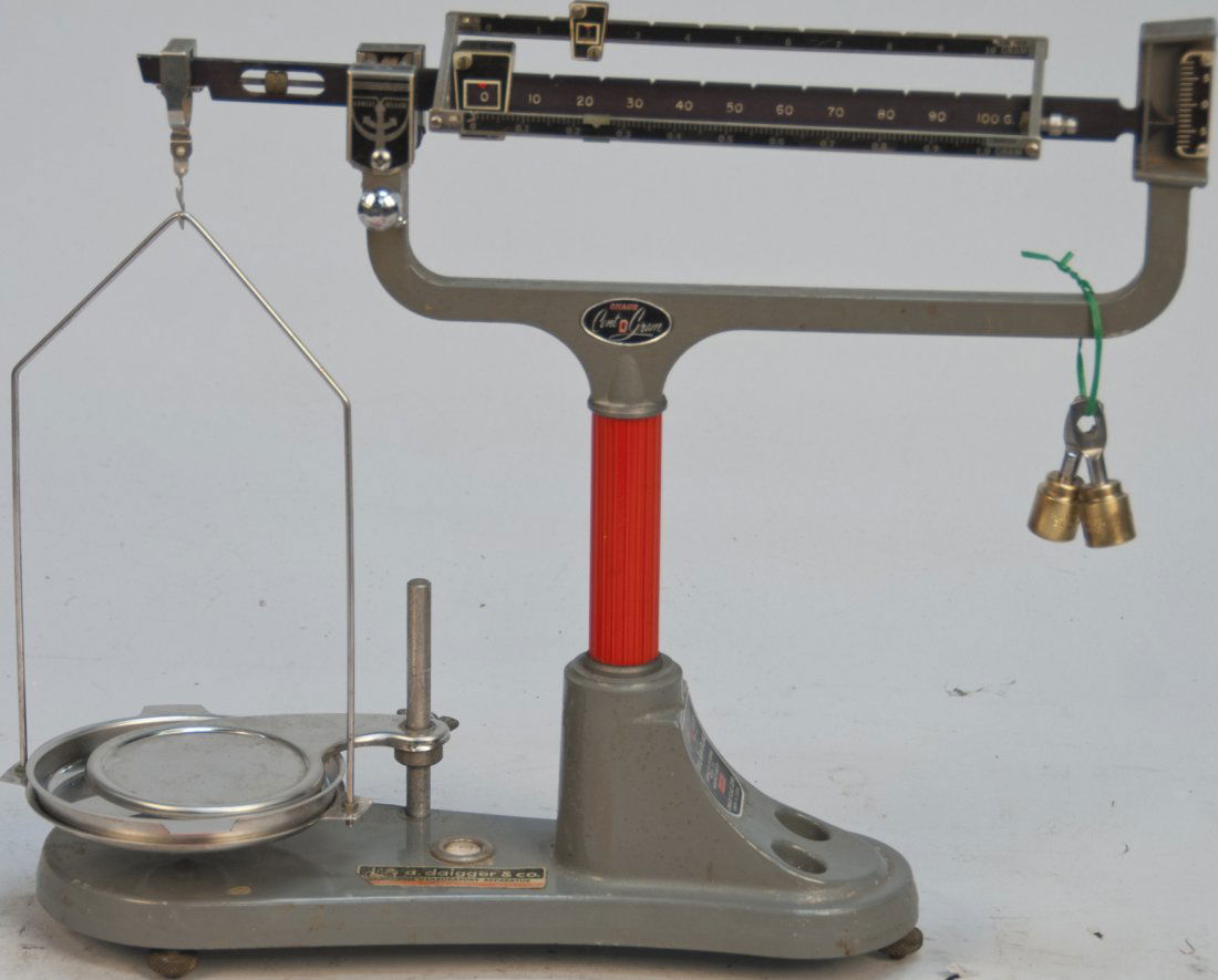 Ohaus Cent-O-Gram Triple Beam Balance Countertop Scale: Ohaus Cent-O-Gram Triple Beam Balance Countertop Scale, Model 311 w/ trays & weights, A. Daigger & Co. Laboratory Apparatus, "U.S. Government Property, Stanford Linear Accelerator Center"